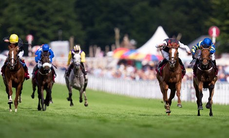 Kyprios (Ryan Moore,2nd from right) beats Stradivarius (L) and Trueshan in the Goodwood Cup<br>
Goodwood 26.7.22 Pic: Edward Whitaker