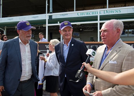 (L-R): owners Larry Roth, Everett Dobson, and Robert Clay. Olympiad with Junior Alvarado wins the Stephen Foster (G2) at Churchill Downs. <br>
Stephen Foster day at Churchill Downs on July 2, 2022.