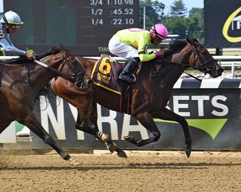 Hot Peppers wins the 2022 Victory Ride Stakes at Belmont Park