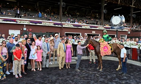 In Italian (#6) with jockey Joel Rosario aboard in the winner’s circle after winning the 84th running of The Diana at Saratoga Race Course Saturday July 16, 2022 in Saratoga Springs, N.Y.