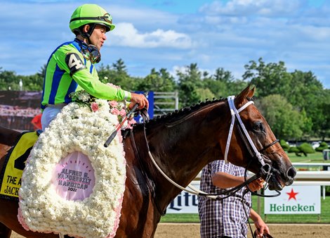 Jackie’s Warrior with jockey Joel Rosario aboard wins the 38th running of The Alfred G. Vanderbilt at the Saratoga Race Course Saturday July 30, 2022 in Saratoga Springs N.Y. Photo Special to the Times Union by Skip Dickstein