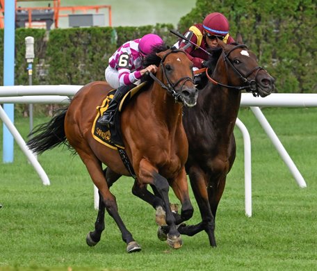 Rockempang with runner Flavien Prat, outside dueling No. 1 L'Imperator with equestrian Manuel Franco en route to winning The Bowling Green's 64th run at the Racecourse Saratoga Sunday, July 31, 2022 in Saratoga Springs NY Special photo for Times Union by Skip Dickstein