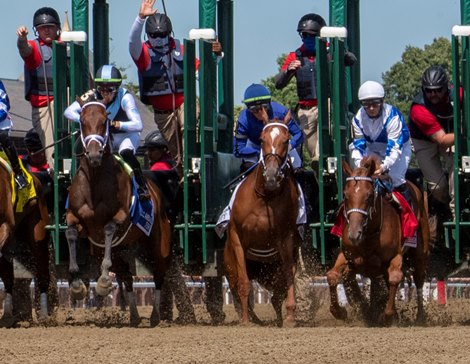 Butterbean and Society have trouble in the gate as Nest ridden by Iran Ortiz Jr. leaves the gate to win gate to wire in the 106th running of The Coaching Club American Oaks, a Grade 1 event by 10 lengths at the Saratoga Race Course Saturday July 23, 2022 in Saratoga Springs N.Y. Photo Special to the Times Union by Skip Dickstein