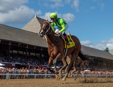 Jackie’s Warrior with jockey Joel Rosario aboard wins the 38th running of The Alfred G. Vanderbilt at the Saratoga Race Course Saturday July 30, 2022 in Saratoga Springs N.Y. Photo Special to the Times Union by Skip Dickstein