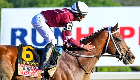 Epicenter with Joel Rosario wins the Runhappy Travers Stakes (G1) at Saratoga Race Course in Saratoga Springs, N.Y., on Aug. 27, 2022.