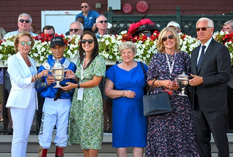 Brittany Carter, Todd A. Pletcher and winning connections in the winners circle after Malathaat with John R. Velazquez win the Personal Ensign Stakes (G1) at Saratoga Race Course in Saratoga Springs, N.Y., on Aug. 27, 2022.