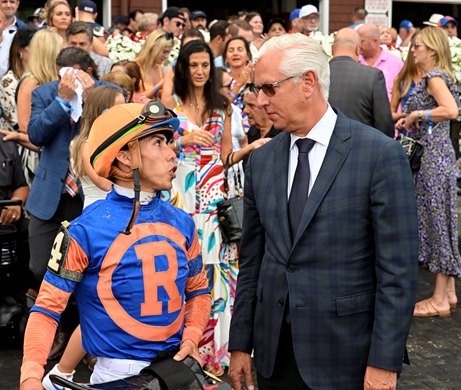 Jockey Irad Ortiz Jr., left speaks with winning trainer Todd Pletcher after winning the 142nd running of The Alabama at the Saratoga Race Course Saturday Aug. 20, 2022 in Saratoga Springs N.Y.