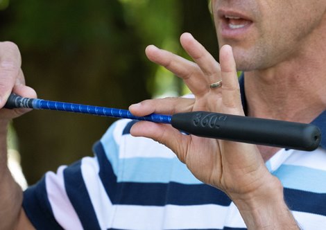 Ramon Dominguez with the 360GT riding crop<br><br />
Training in Saratoga at Saratoga Race Course in Saratoga Springs, N.Y., on Aug. 4, 2022.