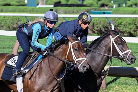 Favorite in the upcoming Alabama Stakes Nest, outside ridden by regular exercise rider Amelia Green has her final tune up for the 3 year old filly race this morning at the Saratoga Race Course Saturday Aug. 13, 2022 in Saratoga Springs N.Y. Photo Special to the Times Union by Skip Dickstein