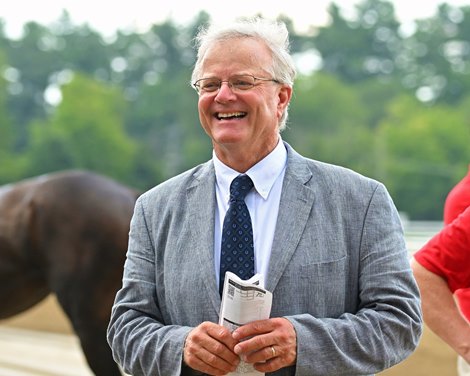 Trainer Bill Mott after War Like Goddess with Joel Rosario wins the Glens Falls (G2T). <br><br />
Racing at Saratoga Race Course  in Saratoga Springs, N.Y., on Aug. 6, 2022.