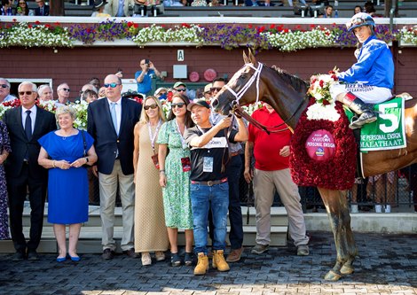 Brittany Carter, Todd A. Pletcher and winning connections in the winners circle after Malathaat with John R. Velazquez win the Personal Ensign Stakes (G1) at Saratoga Race Course in Saratoga Springs, N.Y., on Aug. 27, 2022.