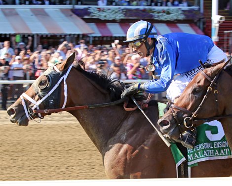 Malathaat along with John Velazquez win the 75th Running of The Personal Ensign (GI) competition in Saratoga on August 27, 2022. Photo by: Chad B. Harmon