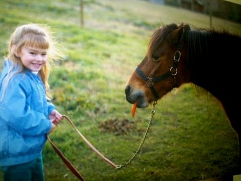 Megan Jones as a kid with first pony, Peaches, in South Carolina