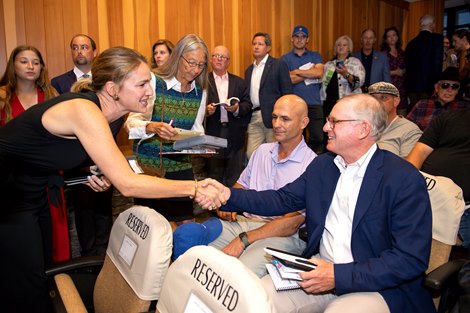 (L-R): Lynn Hancock, Terry Finley and Bill Farish after the sale of Hip 126 at the August yearling session of The Saratoga Sale on Aug. 9, 2022, in Saratoga Springs, N.Y.