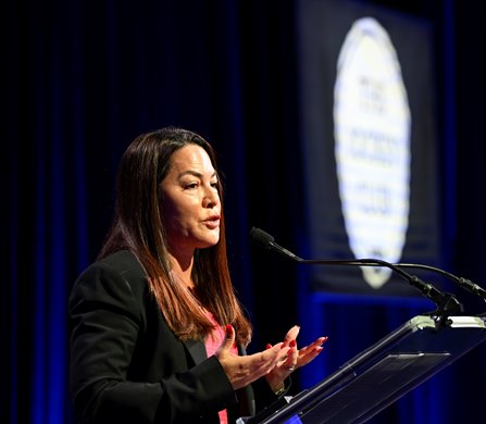 Lisa Lazarus, CEO, HISA speaks during the Seventieth Annual Round Table Conference on Matters Pertaining to Racing at the Saratoga City Center Sunday Aug. 14, 2022 in Saratoga Springs N.Y. Photo  Credit:  The Jockey Club