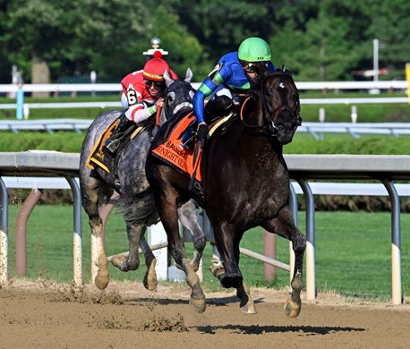 Jockey Irad Ortiz Jr.  leading the field with rope on Goodnight Olive during the Ballerina Handicap match at Saratoga . Racecourse