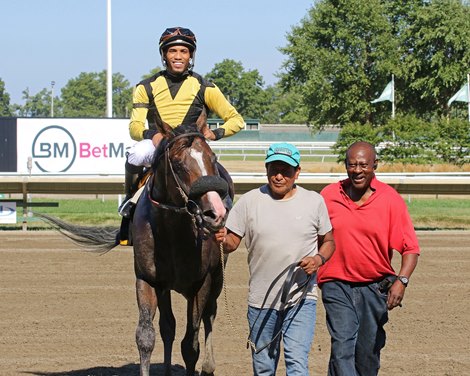 Trainer Uriah St. Lewis and Jockey Dexter Haddock are all smiles as #6 Informative enters the winner&#39;s circle after winning the $250,000 G3 Philip H. Iselin Stakes at Monmouth Park Racetrack in Oceanport, NJ on Saturday August 20, 2022
