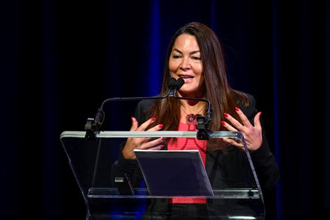 Lisa Lazarus, CEO, HISA speaks during the Seventieth Annual Round Table Conference on Matters Pertaining to Racing at the Saratoga City Center Sunday Aug. 14, 2022 in Saratoga Springs N.Y. Photo  Credit:  The Jockey Club