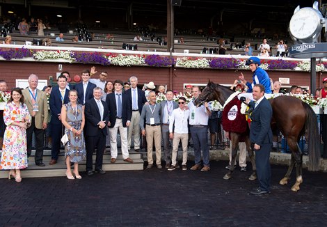 Presentation, Nations Pride with William Buick wins the Caesars Saratoga Derby Invitational (G1T). <br><br />
Racing at Saratoga Race Course  in Saratoga Springs, N.Y., on Aug. 6, 2022.