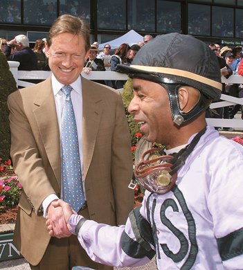 Richard Fields, majority owner of Suffolk Downs, at the track in Massachusetts during the 2007 season. Jockey Winston Thompson