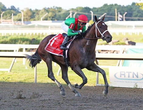 Green Up #1 ridden by Irad Ortiz, Jr., wins the $150,000 Cathryn Sophia Stakes on August 23, 2022 at Parx Racing in Bensalem, PA. The three-year-old filly has now won four straight races for trainer Todd Pletcher and owner Team Valor International LLC. The Cathryn Sophia Stakes is a prep for the $1 million Cotillion Stakes (GI) in September. Photo by Nikki Sherman/EQUI-PHOTO.