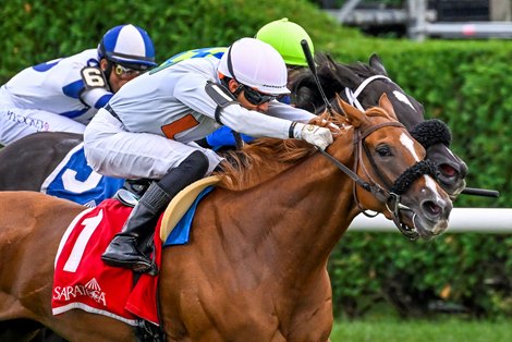 Golden Rocket ridden by jockey Jose Gomez rockets past the competition to win the 20th running of The New York Stallion Series “Statue of Liberty Division at the Saratoga Race Course Wednesday Aug, 17 2022 in Saratoga Springs N.Y.