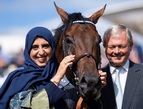 Sheikha Hissa and William Haggas with Baaeed after the Juddmonte International York 17.8.22 Pic: Edward Whitaker