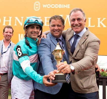 Queen's Plate Moira Jockey Rafael Hernandez(L), trainer Kevin Attard and owner Donato Lanni (X-Men Racing).Woodbine/ Michael Burns Photo