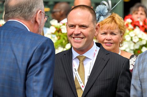 Chad C. Brown in the winners circle after Technical Analysis with Jose L. Ortiz win the Ballston Spa (G2T) at Saratoga Race Course in Saratoga Springs, N.Y., on Aug. 27, 2022.