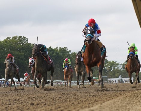 #9 He&#39;spuregold ridden by Jockey Paco Lopez won the $125,000 Charles Hesse III Handicap at Monmouth Park Racetrack in Oceanport, NJ on August 28,2022. Photo By Ryan Denver/EQUI-PHOTO