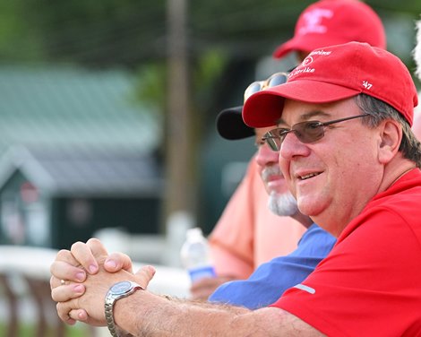 Eric Reed watching Rich Strike gallop<br>
Travers horses in the morning at Saratoga Race Course on Aug. 25, 2022.