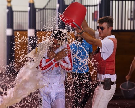 Jockey Jaime Torres gets his first win aboard Takestwotowiggle in Race 2 at Gulfstream Park, September 17, 2022