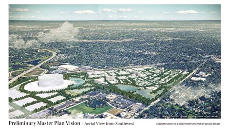 Preliminary Master Plan Vision - Chicago Bears Arlington Park Property<br><br />
Aerial View from Southwest