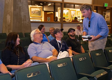 (L-R): Buyers Dana and Jim Bernhard and Matt Weinmann, and consignor Peter O'Callaghan (standing on right). Hip 1436 colt by Arrogate out of Ghostslayer at Woods Edge. <br>
Scenes at Keeneland September Sale on Sept. 17, 2022.