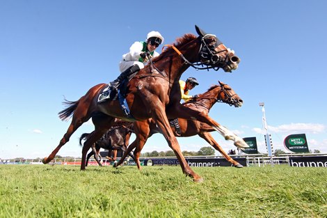 Mendocino, left, with Rene Piechulek up wins the Grosse Preis von Baden at Baden-Baden racecourse