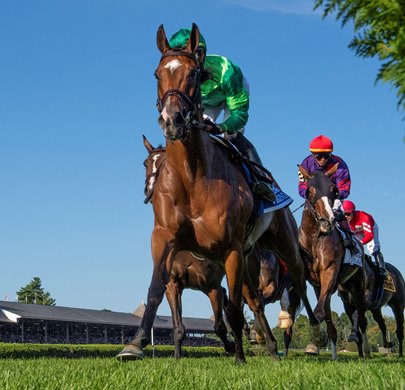 Jockey Irad Ortiz Jr. guides Virginia Joy past the clubhouse for the first time on the way to the win in the 45th running of The Flower Bowl at the Saratoga Race Course  Saturday Sept 3, 2022 in Saratoga Springs N.Y..  Photo Special to the Times Union by Skip Dickstein