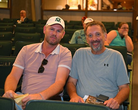 (L-R): Michael Wallace and Rory Babich. Hip 1370 colt by Omaha Beach out of Color Me Flying at Clearsky Farms. Bought by Rory Babich and Michael Wallace with Telluride Bloodstock. <br>
Scenes at Keeneland September Sale on Sept. 17, 2022.