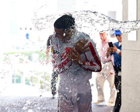 Jockey Jaime Torres gets his first win aboard Takestwotowiggle in Race 2 at Gulfstream Park, September 17, 2022