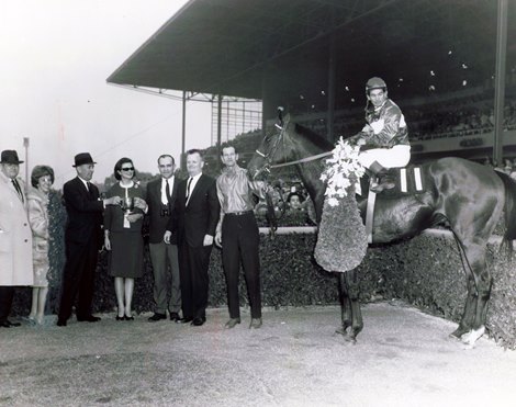 Bold Bidder, Bill Shoemaker (Up), Charles H. Strub Stakes, Santa Anita Park, January 29, 1966, Leigh M. Battson Presenting Trophy to Mr.  & amp;  Mrs. John R. Gaines, Randy Sechrest (Coach standing next to the groom)