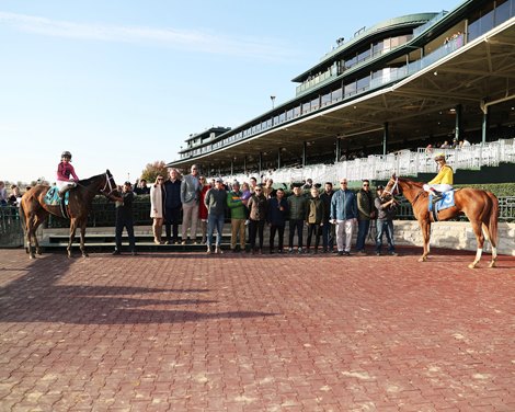Grand Entrance (left) and Pure Pauline finish in deadly heat at Race 9, an MSW, in Keeneland on October 20, 2022