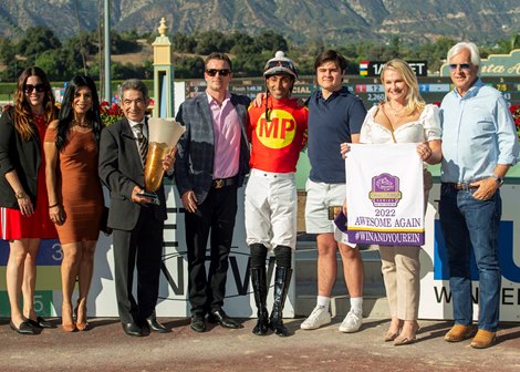 Defunded and jockey Edwin Maldonado win the Grade I, $300,000 Awesome Again, Saturday, October 1, 2022 at Santa Anita Park, Arcadia CA.<br><br />
&#169; BENOIT PHOTO
