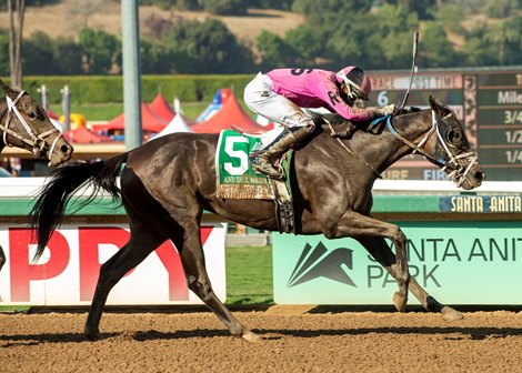 And Tell Me Nolies and jockey Ramon Vazquez, right, outleg Uncontrollable (Juan Hernandez), left, to win the Grade II, $200,000 Chandelier Stakes, Saturday, October 8, 2022 at Santa Anita Park, Arcadia CA.<br>
© BENOIT PHOTO