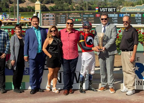 Howbeit and jockey Mike Smith, outside, outleg C Z Rocket (Ramon Vazquez), inside, to win the Grade II, $200,000 Santa Anita Sprint Championship, Saturday, October 1, 2022 at Santa Anita Park, Arcadia CA.<br><br />
&#169; BENOIT PHOTO