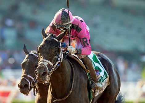 And Tell Me Nolies and jockey Ramon Vazquez, right, outleg Uncontrollable (Juan Hernandez), left, to win the Grade II, $200,000 Chandelier Stakes, Saturday, October 8, 2022 at Santa Anita Park, Arcadia CA.<br>
© BENOIT PHOTO