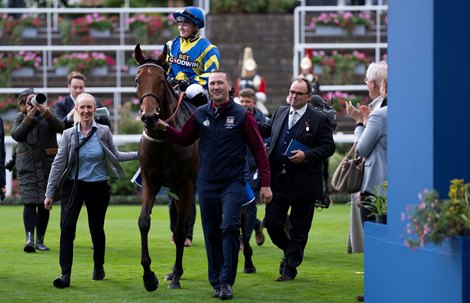 Trueshan (Hollie Doyle) are led into the winners enclosure after the Long Distance Cup<br><br />
Ascot 15.10.22 Pic: Edward Whitaker