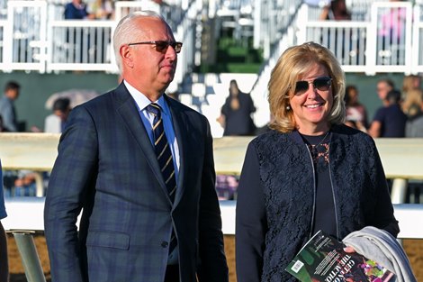 (L-R) Todd and Tracy Pletcher.<br>
Malathaat with John Velazquez wins The Juddmonte Spinster (G1) at Keeneland, Lexington, Kentucky on October 9, 2022