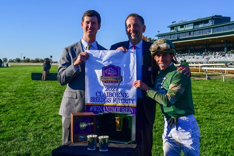 (L-R) Walker Hancock, Rory Babish, Irad Ortiz, Jr. with Forte with Irad Ortiz, Jr. wins Claiborne Breeders&#39; Futurity (G1) at Keeneland, Lexington, Kentucky on October 8, 2022