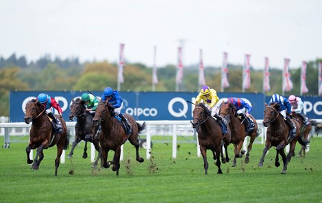 Baaeed (Jim Crowley,right) finishes 4th behind Bay Bridge (Richard Kingscote) in the Champion Stakes<br><br />
Ascot 15.10.22 Pic: Edward Whitaker