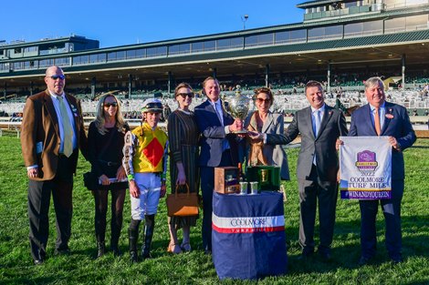 (L-R) Steve Young, Joanne Wiegand-Daw, Irad Ortiz, Jr., Abrian and Perry Bass, Ramona Bass, Dermot Ryan, Drew Fleming.<br><br />
Annapolis with Irad Ortiz, Jr. wins Coolmore Turf Mile (G1) at Keeneland, Lexington, Kentucky on October 8, 2022