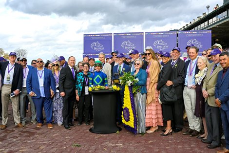 Chad C. Brown, Steve Layton and winning connections in the winner’s circle after Goodnight Olive with Irad Ortiz Jr. win the Filly and Mare Sprint (G1) at Keeneland in Lexington, KY on November 5, 2022.